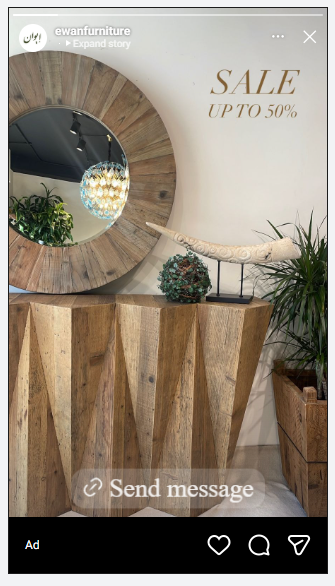 Ewan Furniture — Instagram Story ad with 'Sale Up to 50%' headline and wooden console mirror display