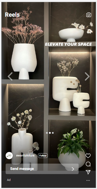 Ewan Furniture — Instagram Reels ad with 'Elevate Your Space' headline showing white ceramic home decor collection